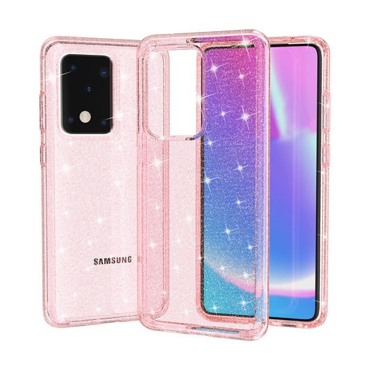 Glittery Powder PC TPU Hybrid Phone Case Covering for Samsung Galaxy S20 Ultra - Pink
