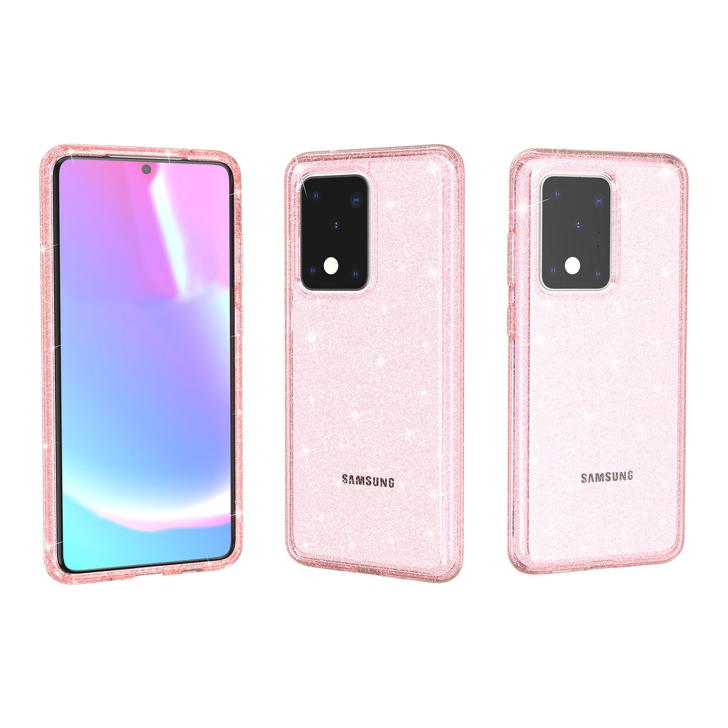 Glittery Powder PC TPU Hybrid Phone Case Covering for Samsung Galaxy S20 Ultra - Pink