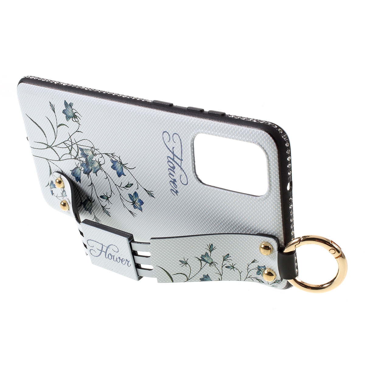 For Samsung Galaxy S20 Plus Flower Pattern Rhinestone Decor TPU Shell with Hand Strap - White