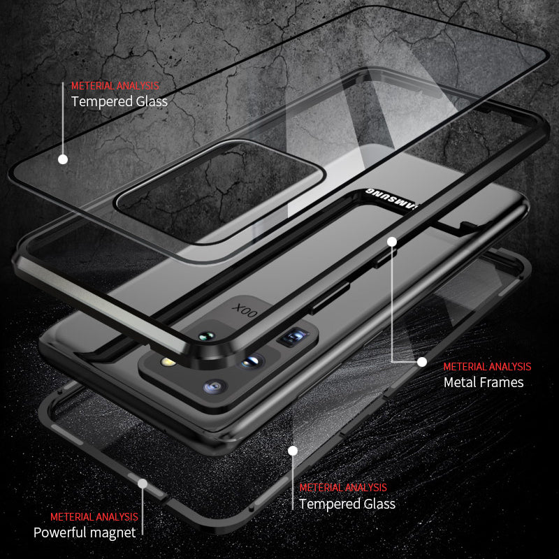 Magnetic Installation Metal Frame + Tempered Glass Full Covering Hybrid Case [Support Fingerprint Unlock] for Samsung Galaxy S20 Plus - Purple