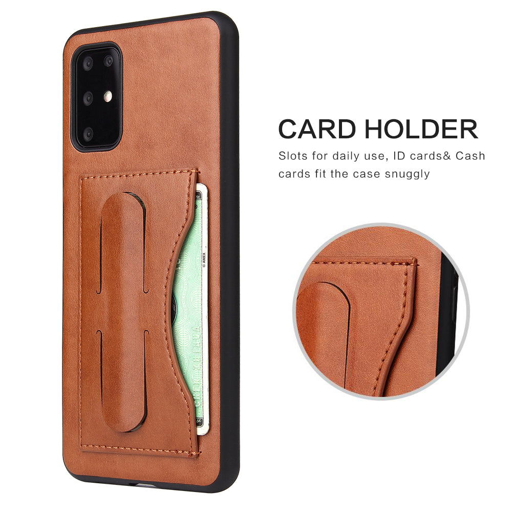 FIERRE SHANN PU Leather+PC+TPU Phone Back Case with Card Slot Kickstand for Samsung Galaxy S20 4G/S20 5G - Brown