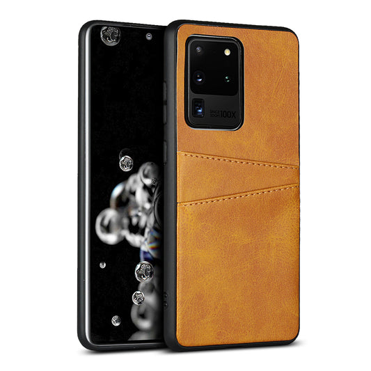 PU Leather+TPU Phone Case Dual Card Slots Cover for Samsung Galaxy S20 Ultra - Brown