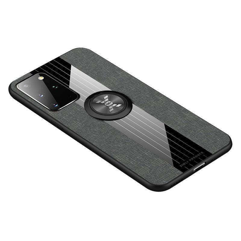 Splicing Cloth Texture Finger Ring Kickstand TPU + Acrylic + Metal Combo Shell [Built-in Magnetic Metal Sheet] for Samsung Galaxy S20 Ultra - Grey