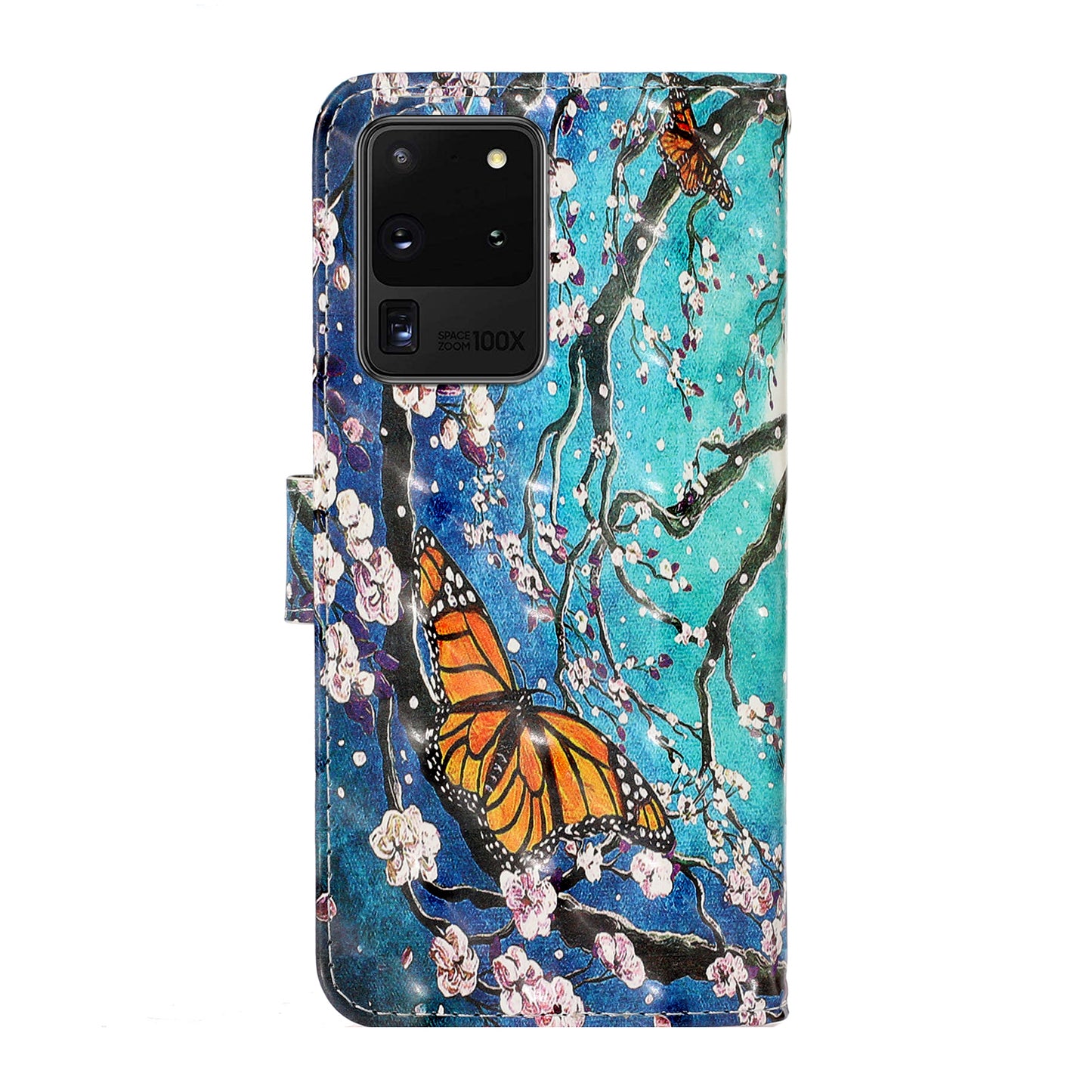 Light Spot Decor Patterned PU Leather Wallet Case Phone Covering for Samsung Galaxy S20 Ultra - Butterfly and Flower Tree