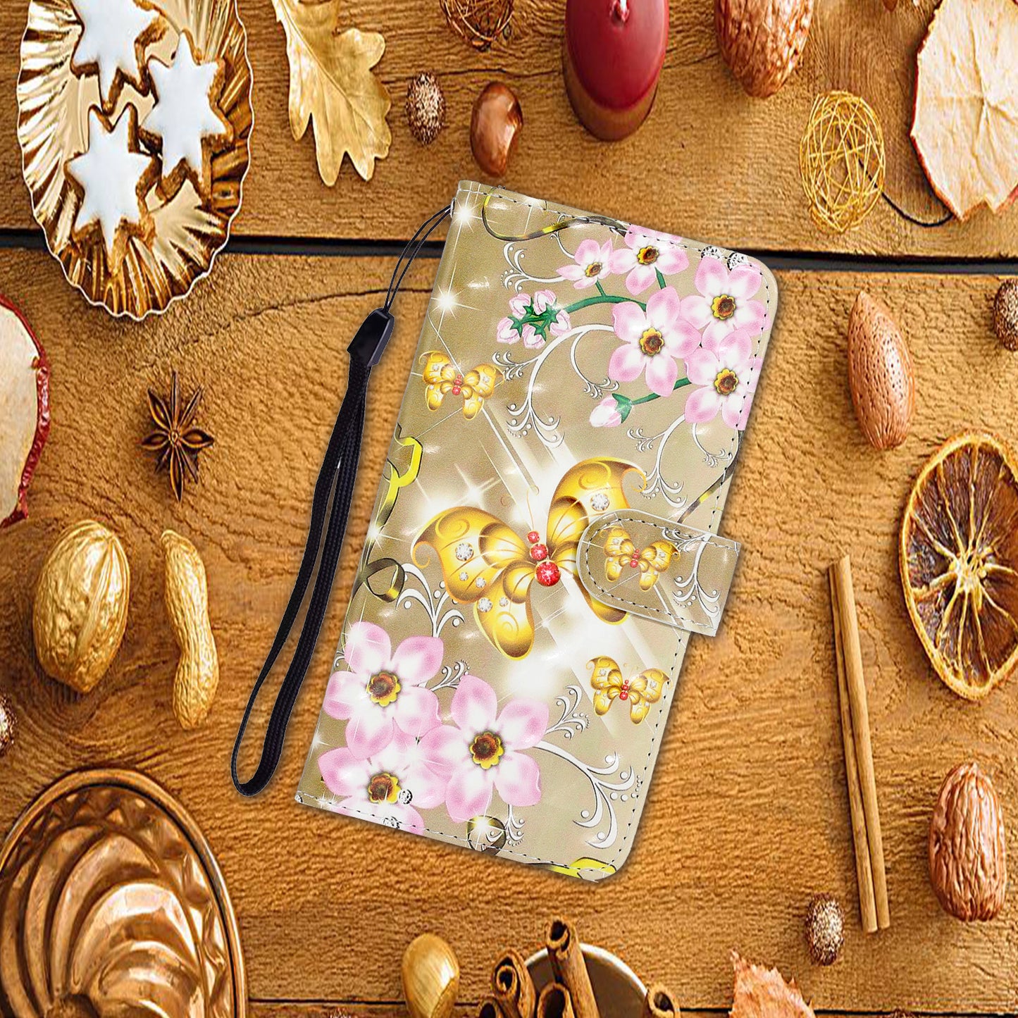 Light Spot Decor Patterned PU Leather Wallet Case Phone Shell for Samsung Galaxy S20 Plus/S20 Plus 5G - Golden Butterfly