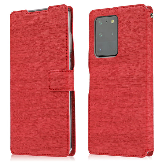 Wood Skin PU Leather Stand Card Slots TPU Casing with Hang Rope for Samsung Galaxy S20 Ultra - Red