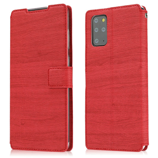 Wood Surface Leather Wallet Stand Case Cover for Samsung Galaxy S20 4G/S20 5G - Red