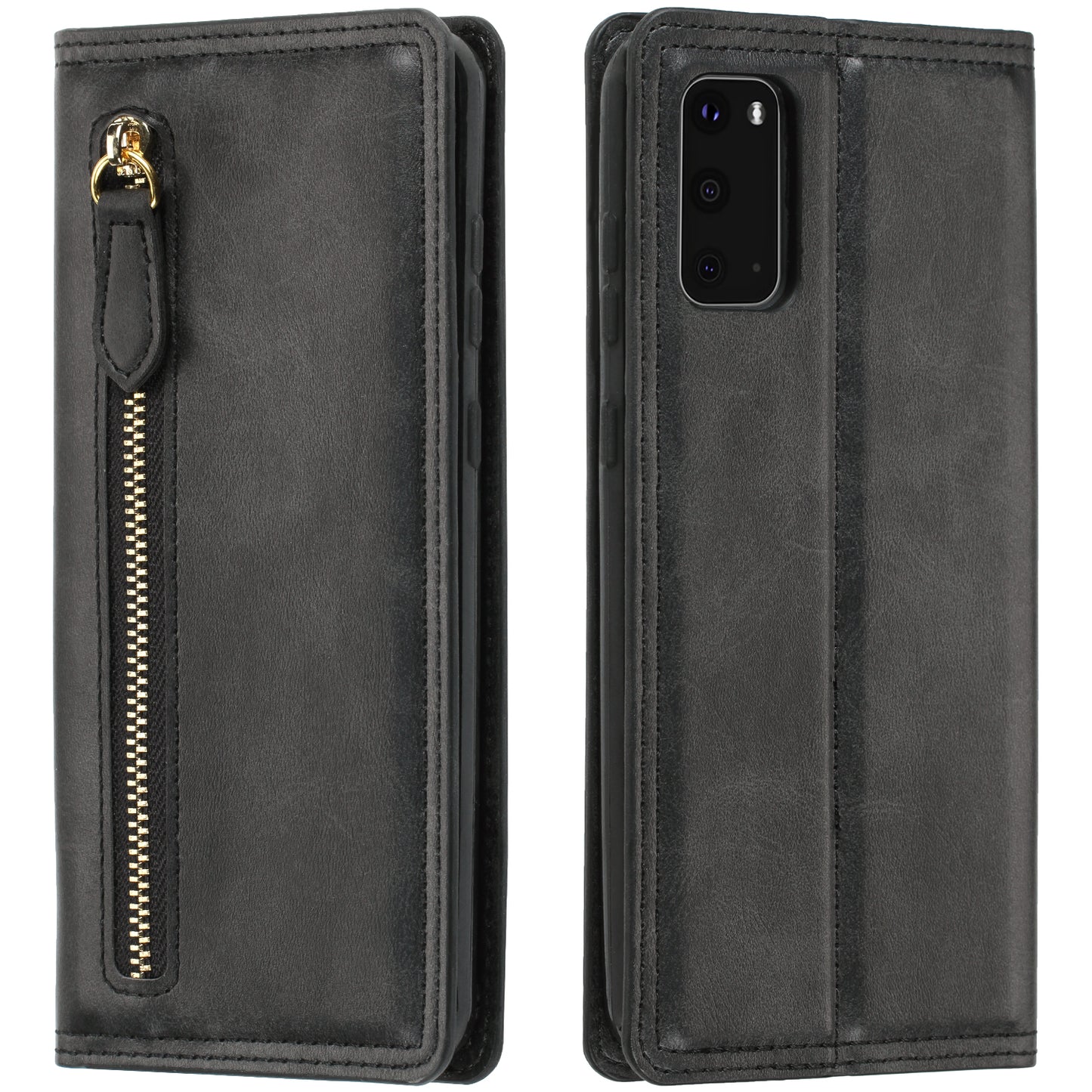 Zipper Pocket Wallet Leather Phone Cover Casing for Samsung Galaxy S20 4G/S20 5G - Black