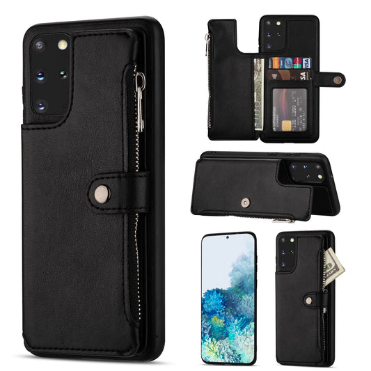 Kickstand Design PU Leather+TPU Phone Back Case with Card Slots and Zipper Pocket for Samsung Galaxy S20 Plus - Black