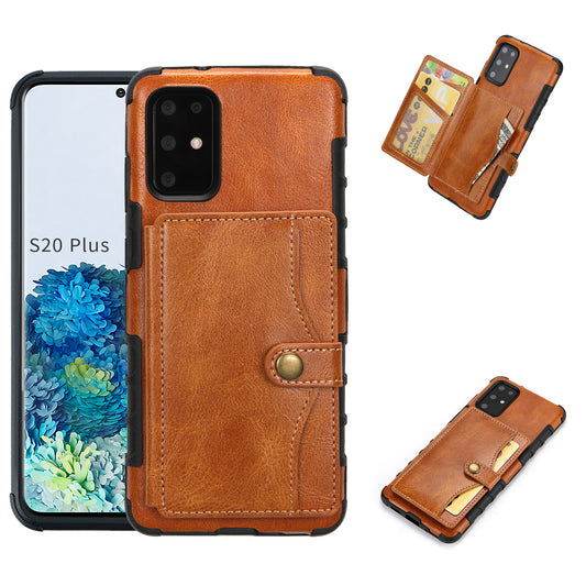 SHOUHUSHEN Retro Style Card Slots PU Leather Coated Hard PC Case for Samsung Galaxy S20 Plus - Brown