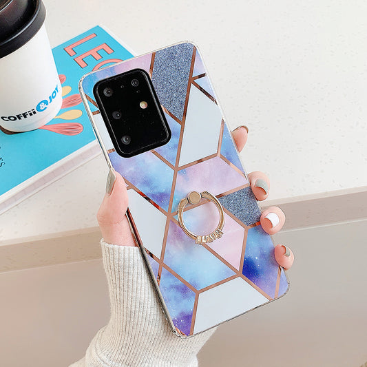 Marble Pattern Electroplating IMD TPU Shell with Ring Kickstand for Samsung Galaxy S20 Plus - Style C