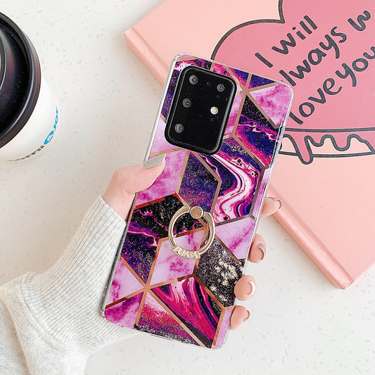 Marble Pattern Electroplating IMD TPU Shell with Ring Kickstand for Samsung Galaxy S20 Plus - Style E