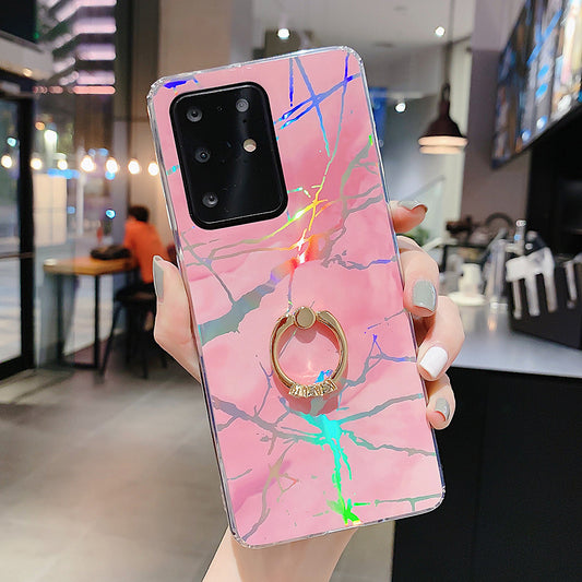 Colorful Laser Carving Marble Patterned IMD TPU Back Shell with Finger Ring Kickstand for Samsung Galaxy S20 Plus - Pink