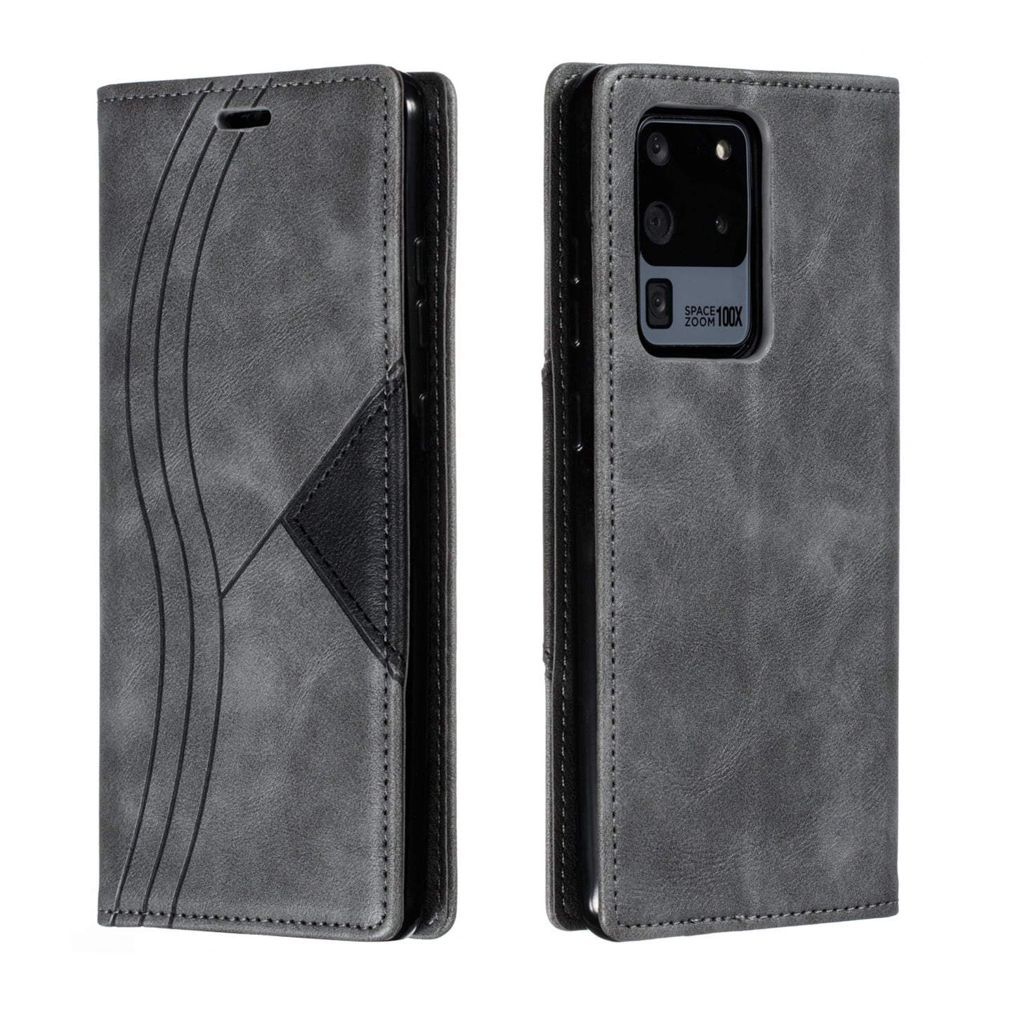 Auto-absorbed Splicing Leather Stand Case with Card Slots for Samsung Galaxy S20 Ultra - Grey