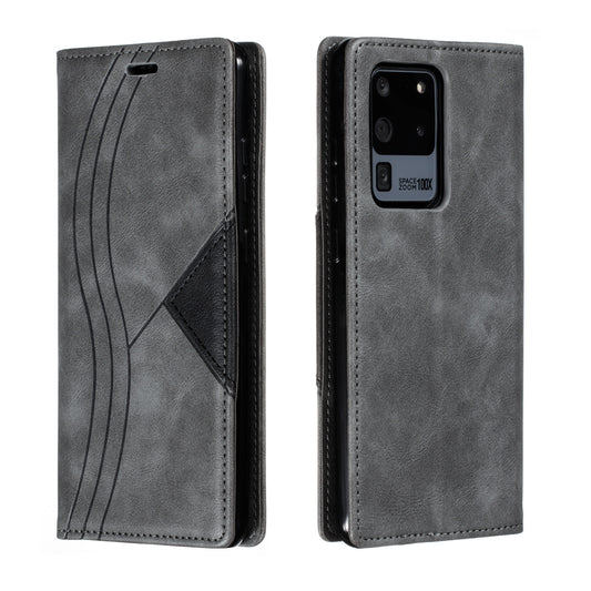 Auto-absorbed Splicing Leather Stand Case with Card Slots for Samsung Galaxy S20 Ultra - Grey