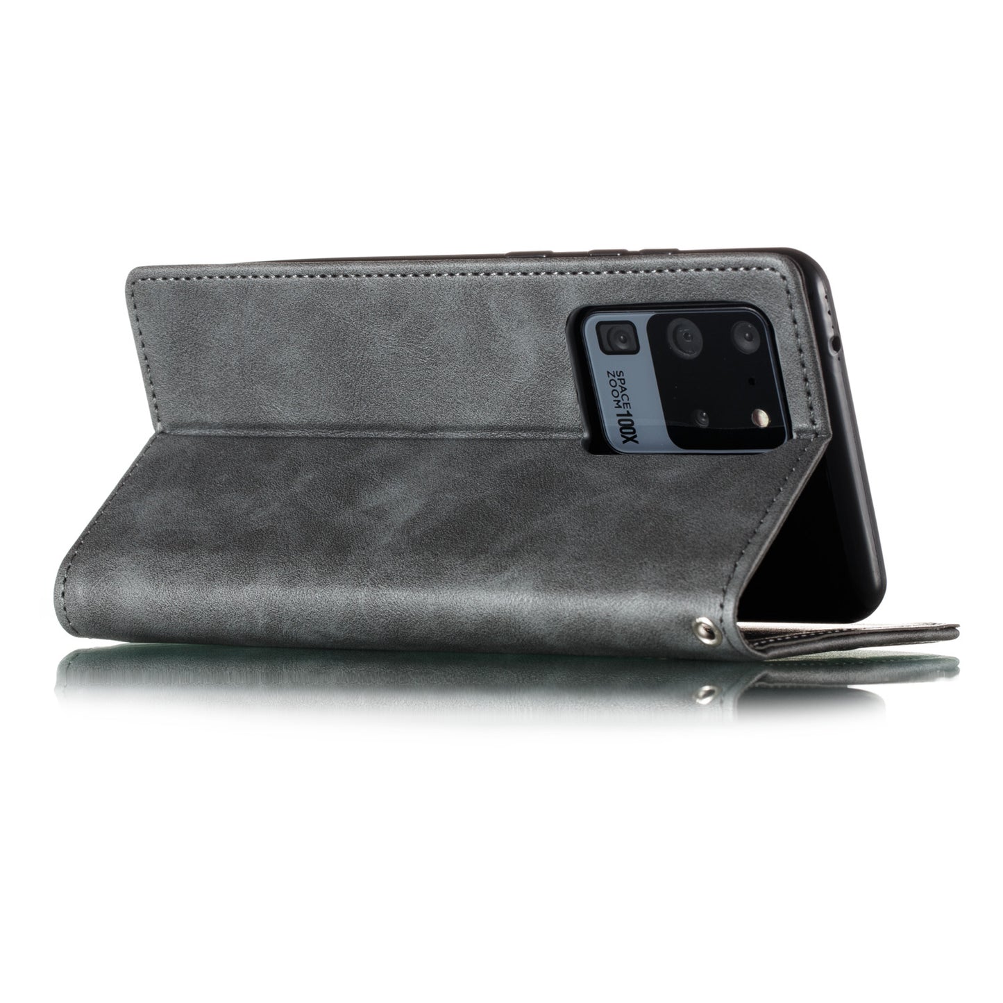 Auto-absorbed Splicing Leather Stand Case with Card Slots for Samsung Galaxy S20 Ultra - Grey