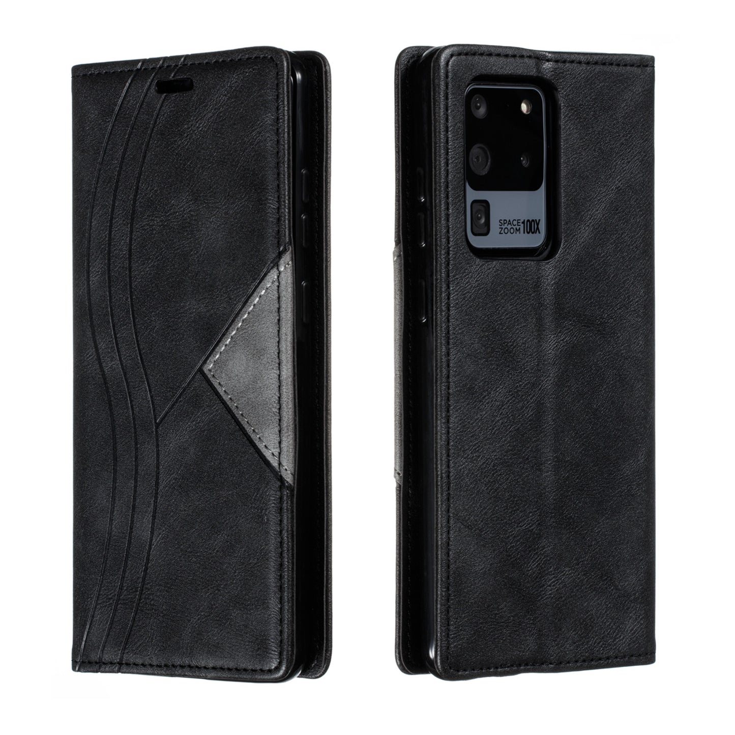 Auto-absorbed Splicing Leather Stand Case with Card Slots for Samsung Galaxy S20 Ultra - Black