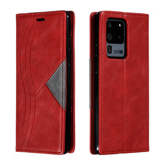Auto-absorbed Splicing Leather Stand Case with Card Slots for Samsung Galaxy S20 Ultra - Red