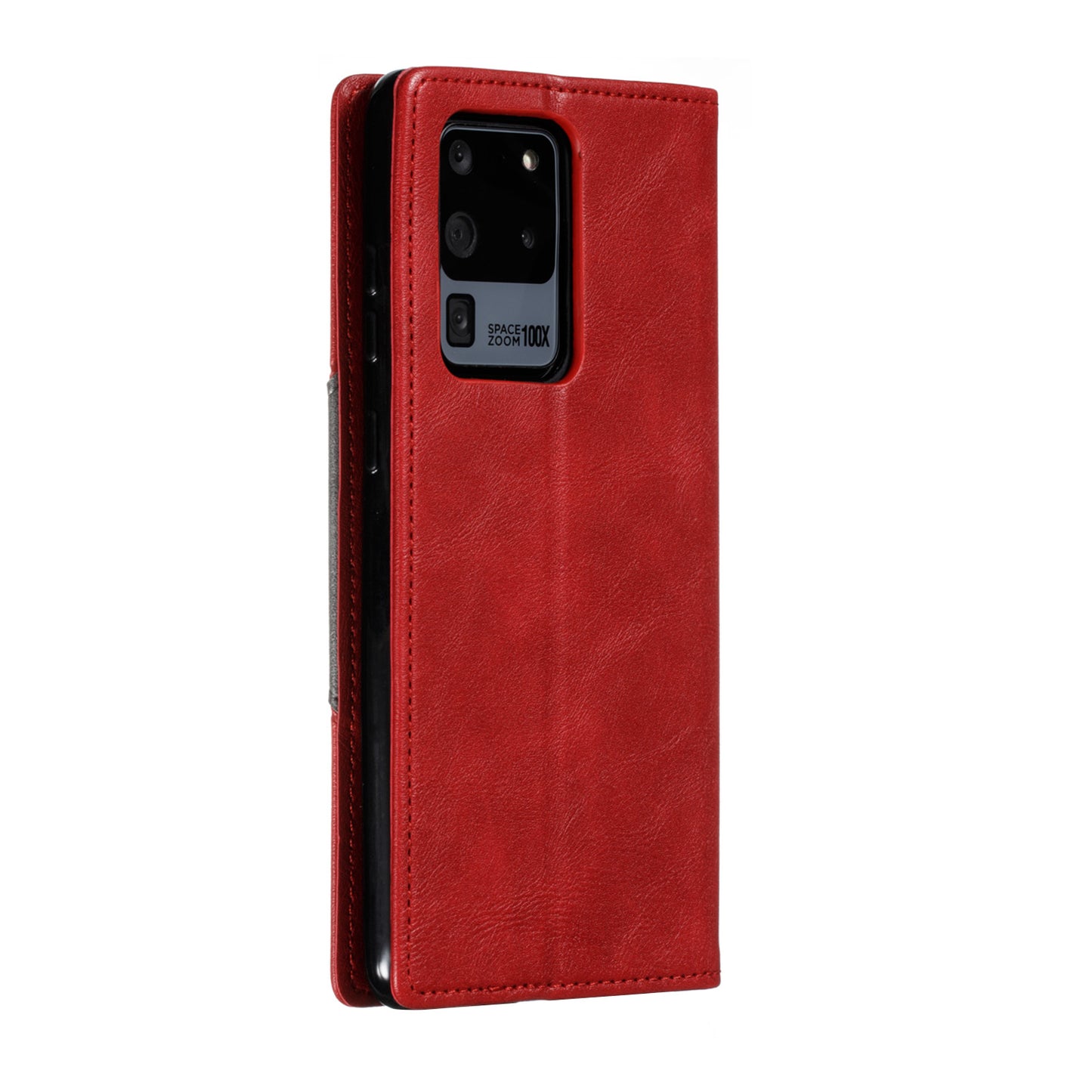 Auto-absorbed Splicing Leather Stand Case with Card Slots for Samsung Galaxy S20 Ultra - Red