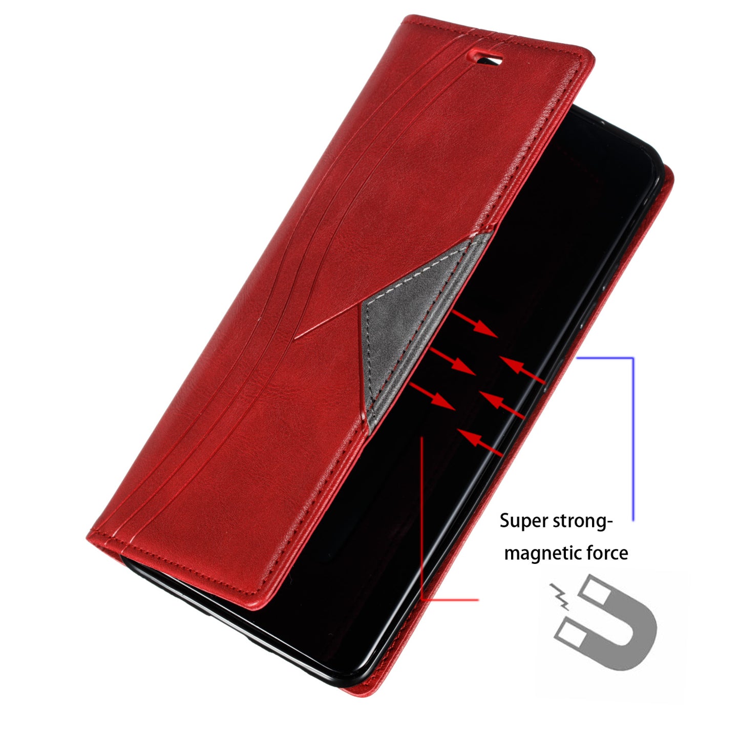Auto-absorbed Splicing Leather Stand Case with Card Slots for Samsung Galaxy S20 Ultra - Red