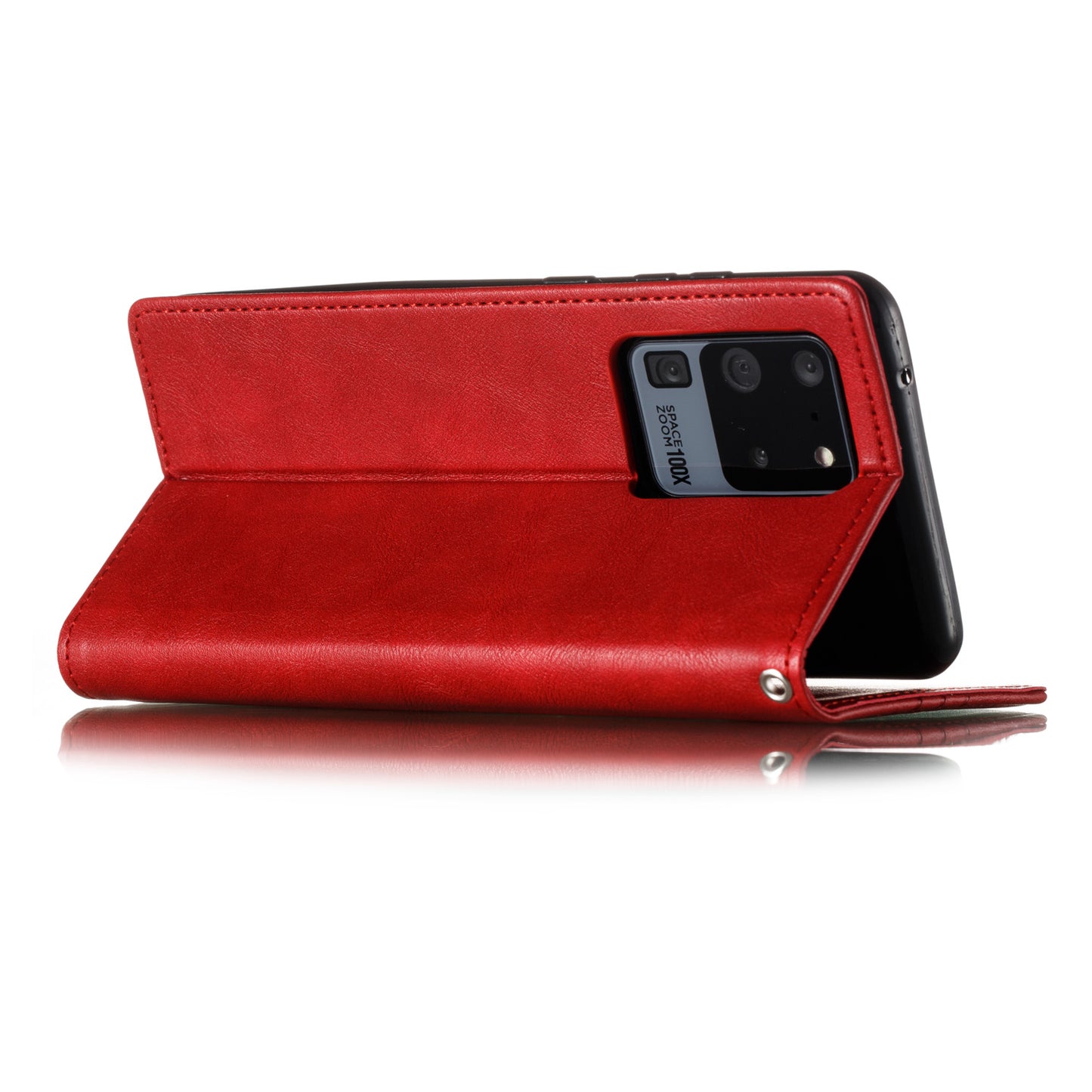 Auto-absorbed Splicing Leather Stand Case with Card Slots for Samsung Galaxy S20 Ultra - Red