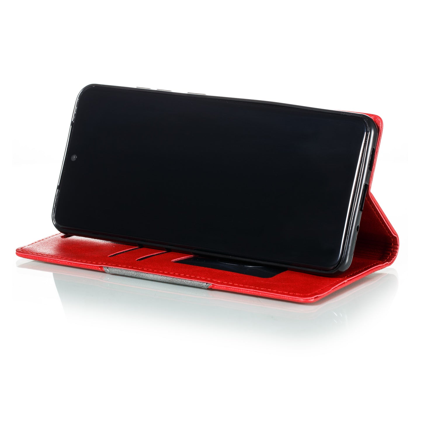 Auto-absorbed Splicing Leather Stand Case with Card Slots for Samsung Galaxy S20 Ultra - Red