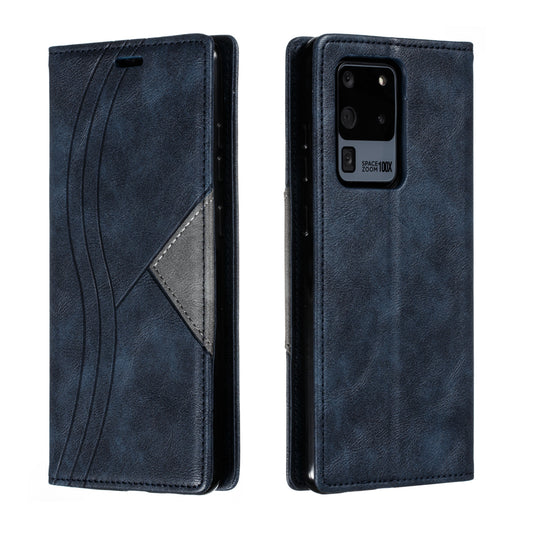 Auto-absorbed Splicing Leather Stand Case with Card Slots for Samsung Galaxy S20 Ultra - Blue