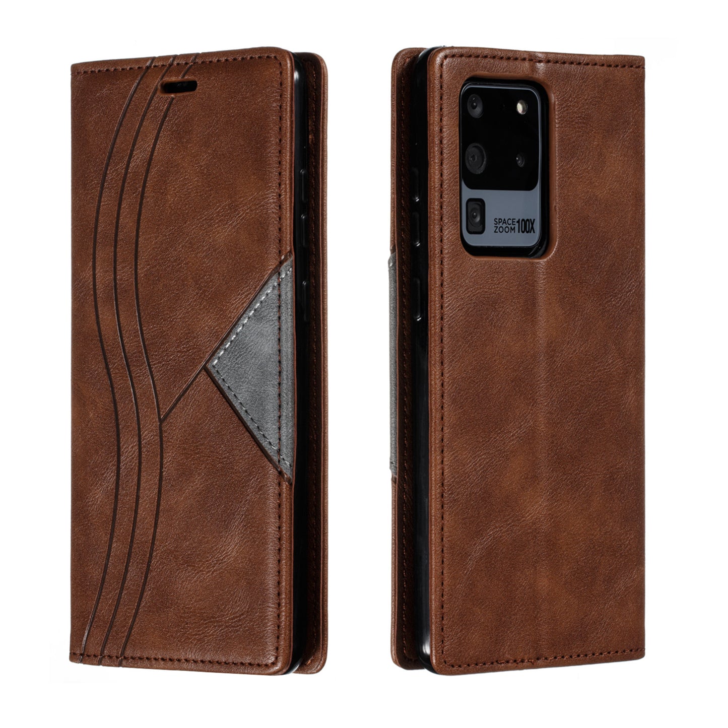 Auto-absorbed Splicing Leather Stand Case with Card Slots for Samsung Galaxy S20 Ultra - Brown