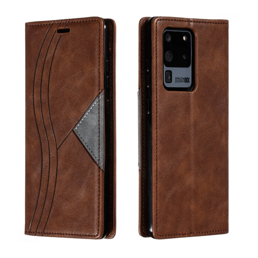 Auto-absorbed Splicing Leather Stand Case with Card Slots for Samsung Galaxy S20 Ultra - Brown