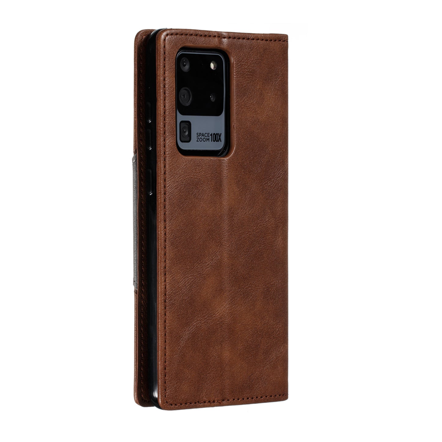 Auto-absorbed Splicing Leather Stand Case with Card Slots for Samsung Galaxy S20 Ultra - Brown