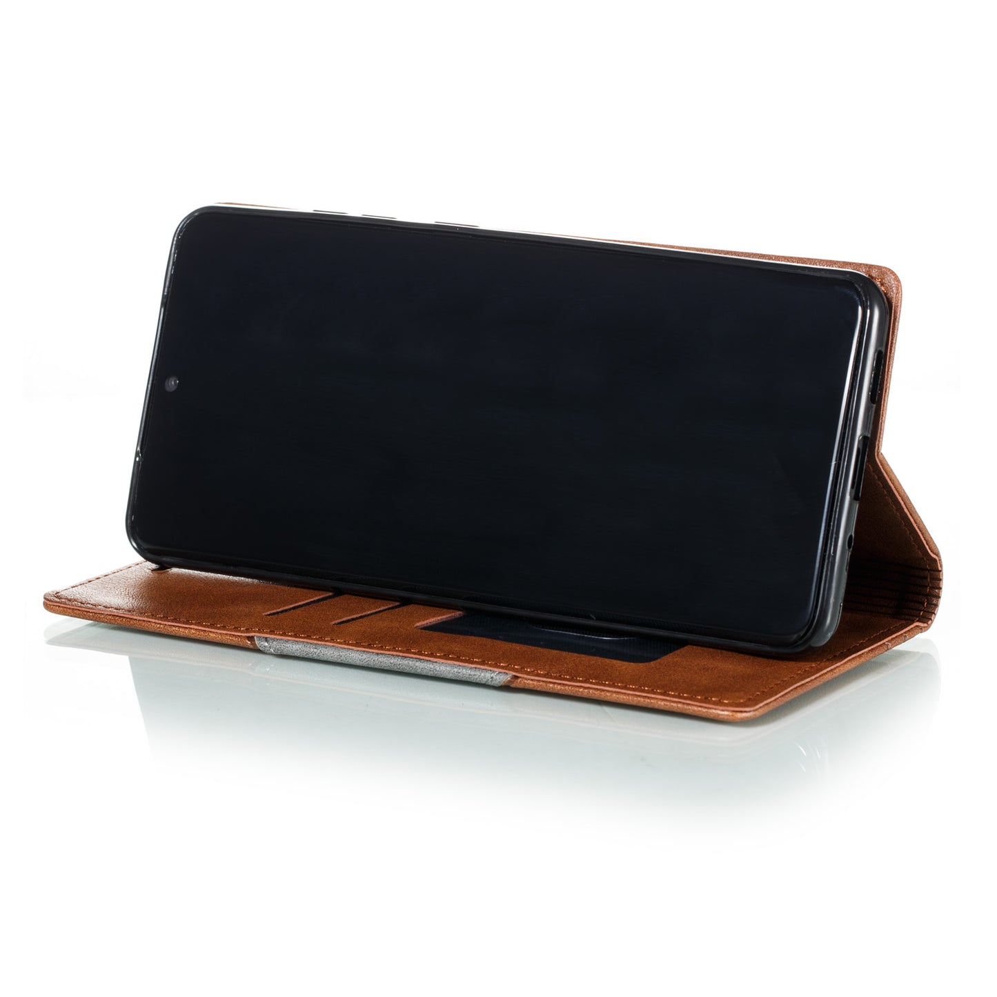 Auto-absorbed Splicing Leather Stand Case with Card Slots for Samsung Galaxy S20 Ultra - Brown