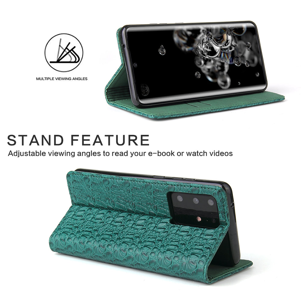 Crocodile Texture Genuine Leather Wallet Phone Case for Samsung Galaxy S20 Plus - Green