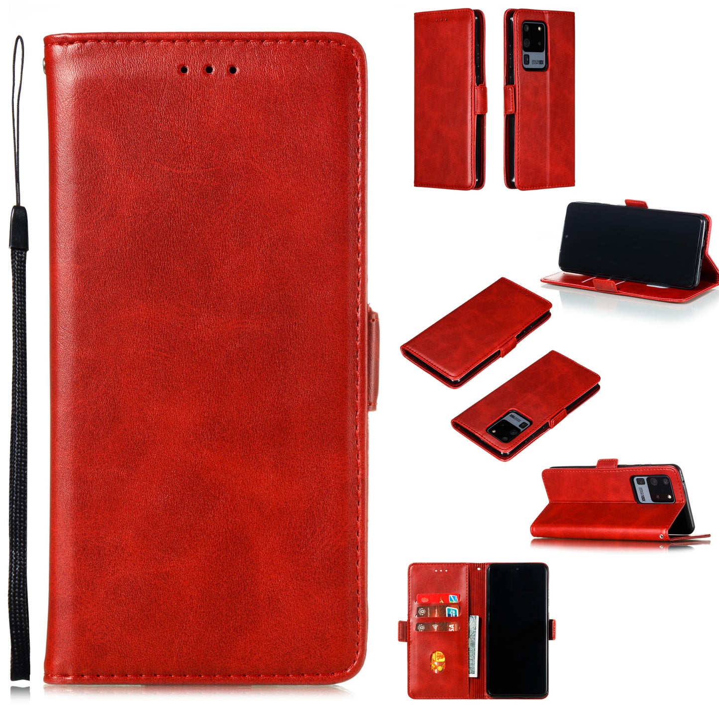 Wallet Leather Stand Phone Cover with Lanyard for Samsung Galaxy S20 Ultra - Red