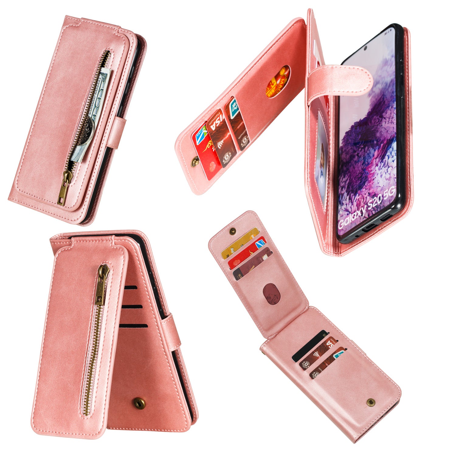 Zipper Pocket 9 Card Slots Leather Wallet Case for Samsung Galaxy S20 4G/S20 5G - Rose Gold