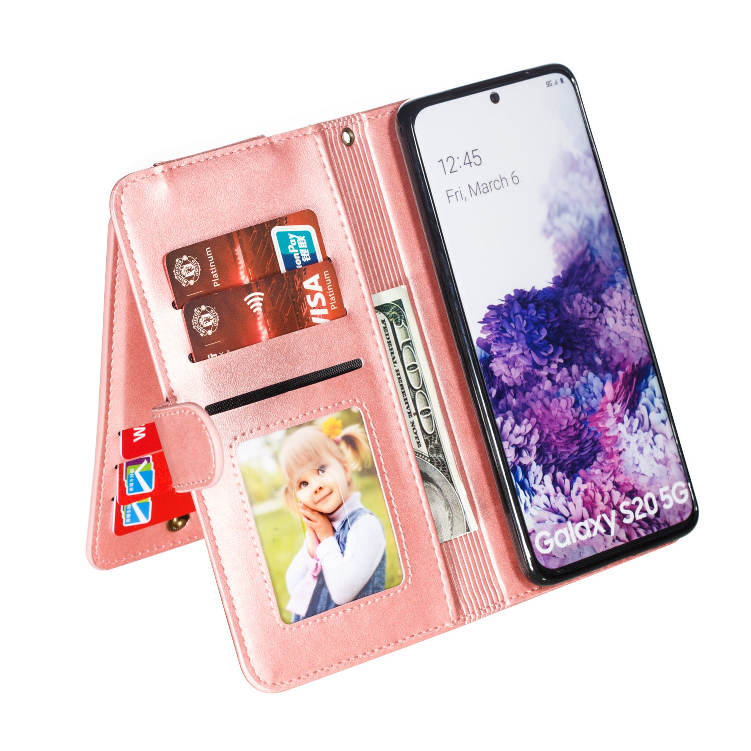 Zipper Pocket 9 Card Slots Leather Wallet Case for Samsung Galaxy S20 4G/S20 5G - Rose Gold