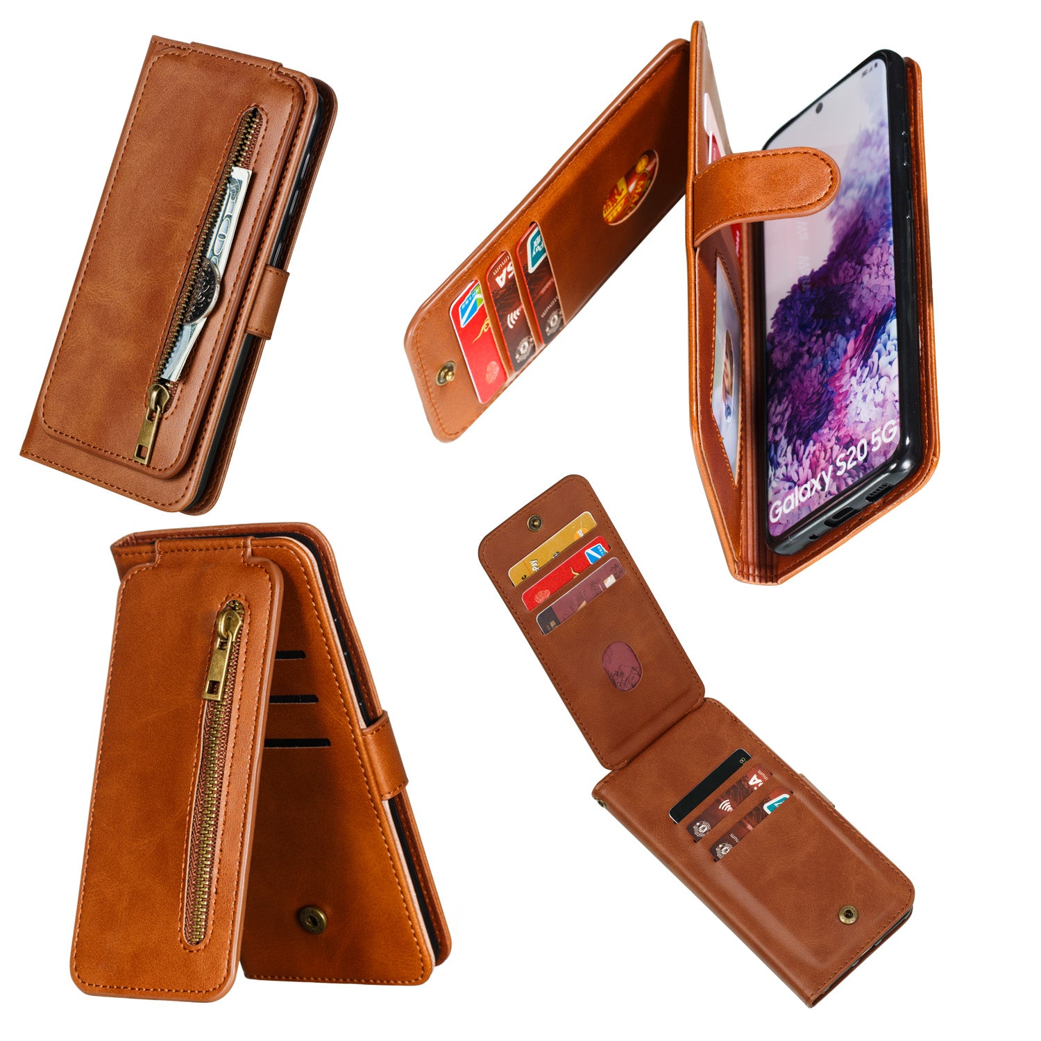 Zipper Pocket 9 Card Slots Leather Wallet Case for Samsung Galaxy S20 4G/S20 5G - Brown