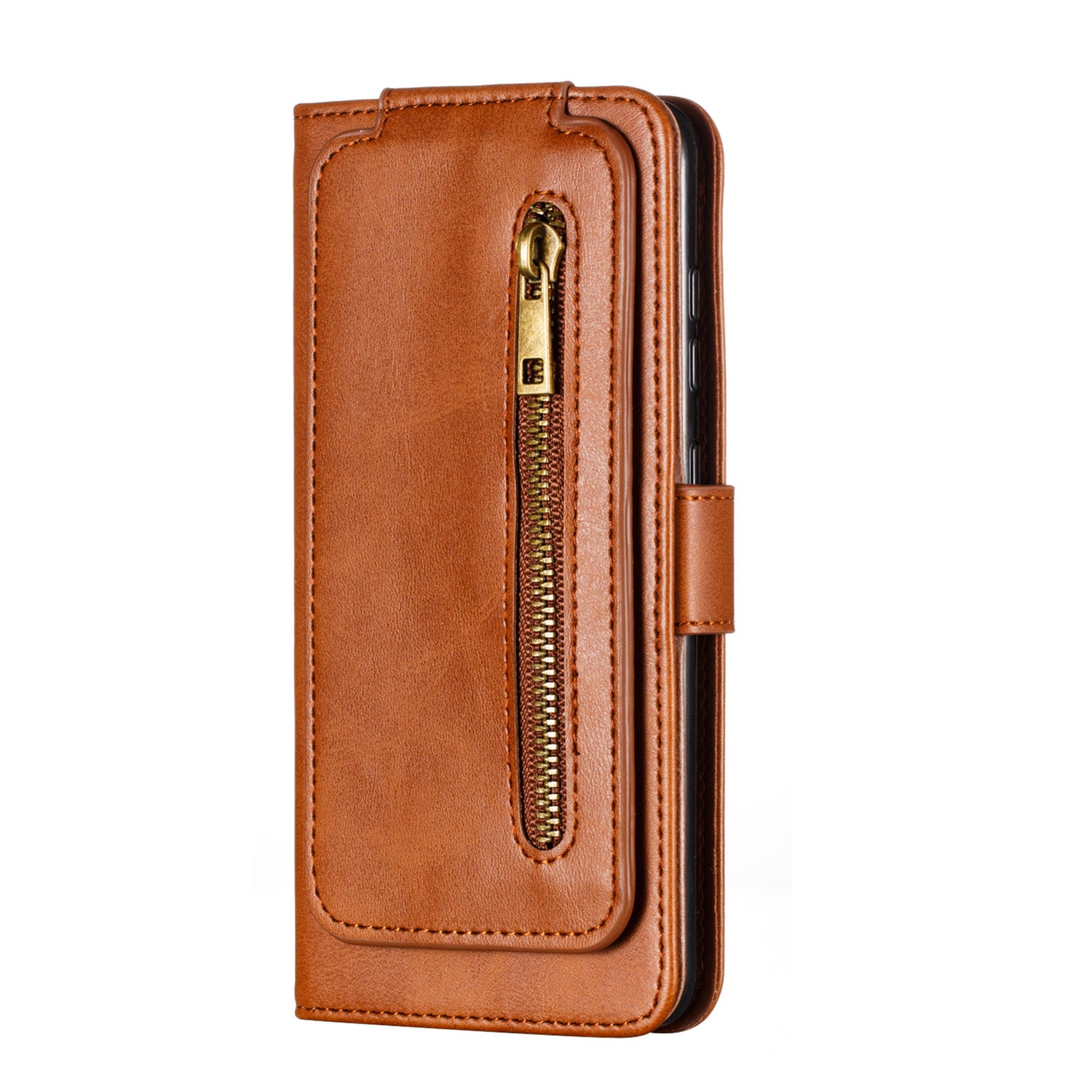 Zipper Pocket 9 Card Slots Leather Wallet Case for Samsung Galaxy S20 4G/S20 5G - Brown