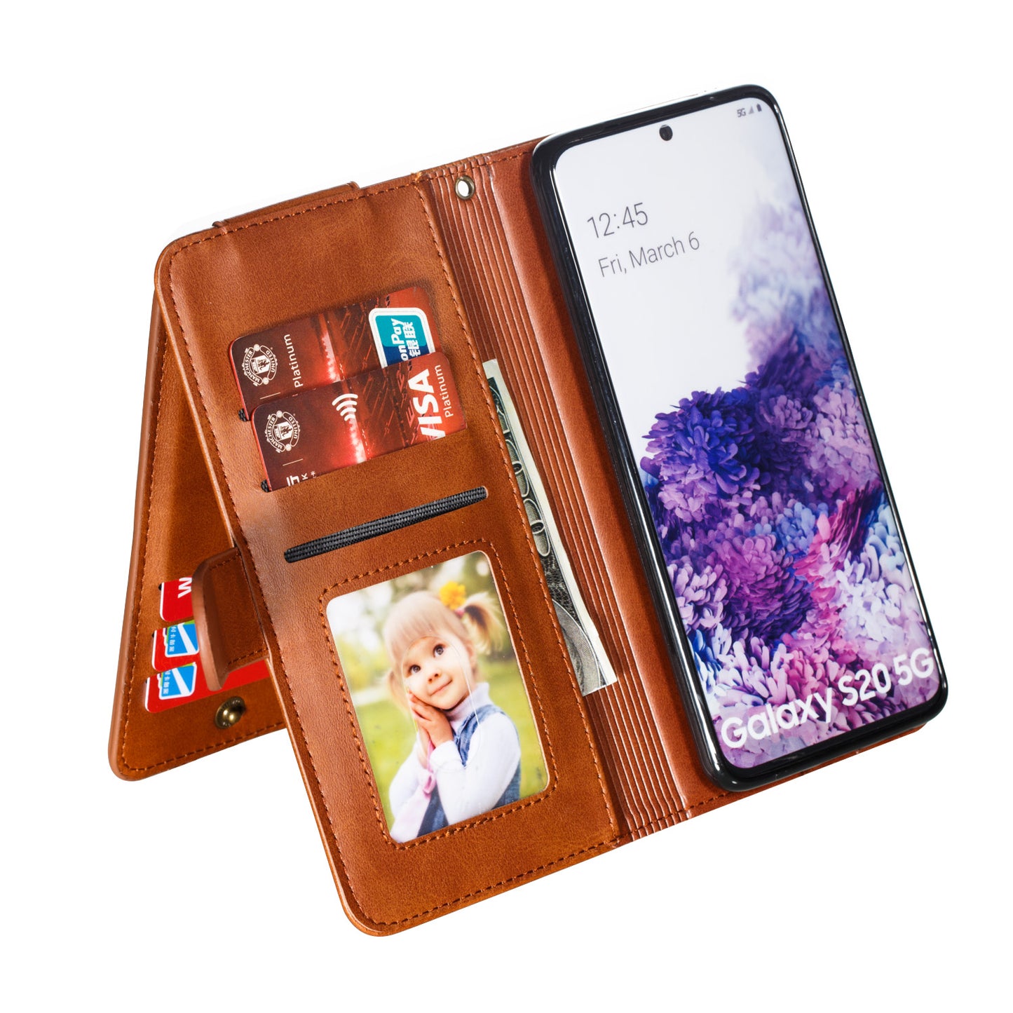 Zipper Pocket 9 Card Slots Leather Wallet Case for Samsung Galaxy S20 4G/S20 5G - Brown