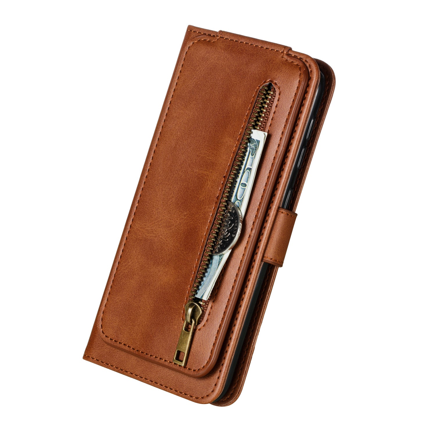 Zipper Pocket 9 Card Slots Leather Wallet Case for Samsung Galaxy S20 4G/S20 5G - Brown