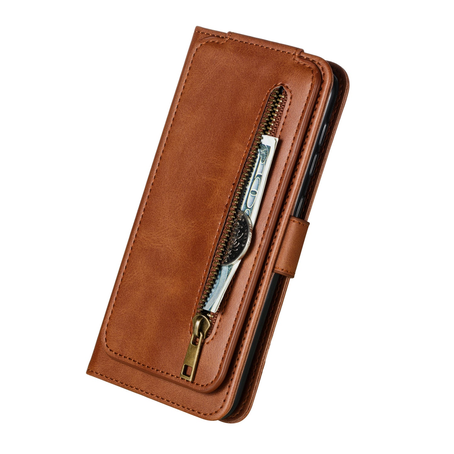 Zipper Pocket 9 Card Slots Leather Wallet Case for Samsung Galaxy S20 4G/S20 5G - Brown