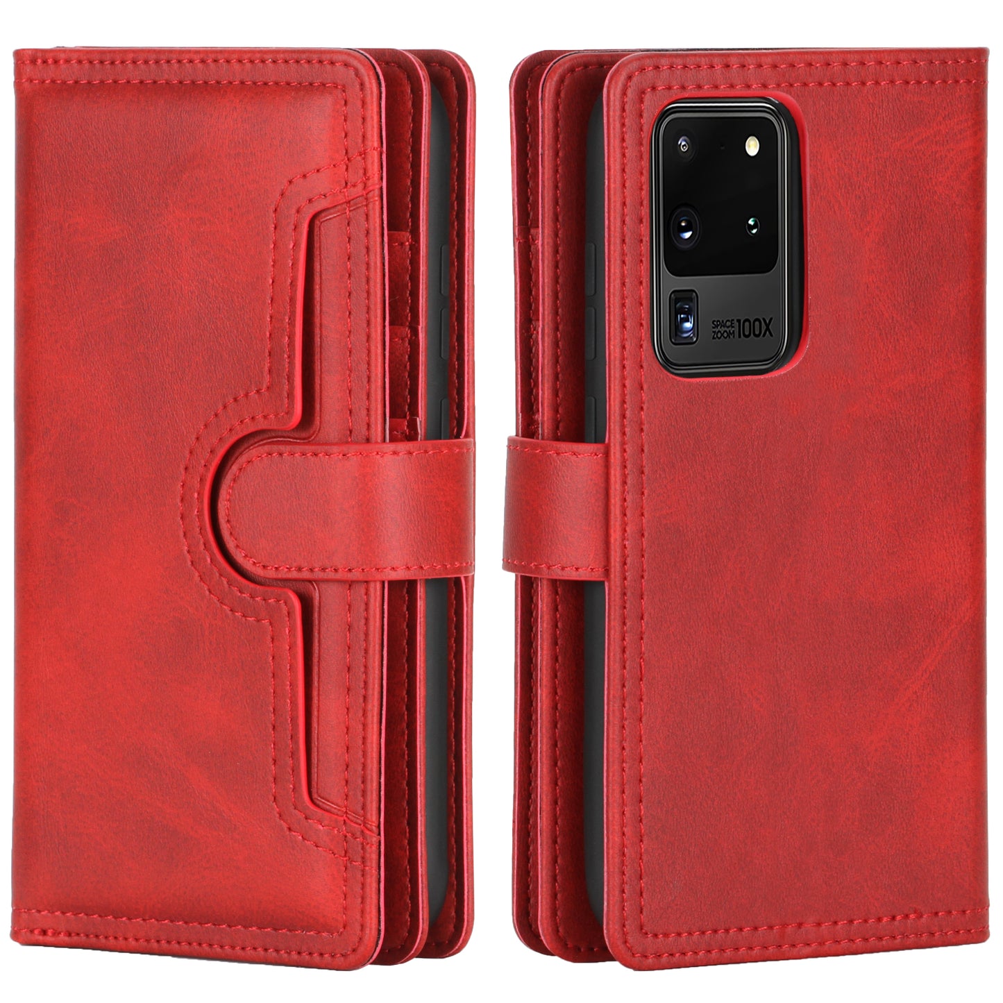 Multiple Card Slots Leather Shell Case Cover for Samsung Galaxy S20 Ultra - Red