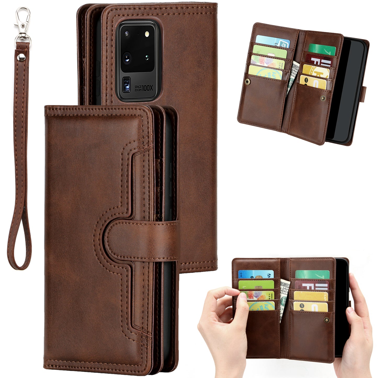 Multiple Card Slots Leather Shell Case Cover for Samsung Galaxy S20 Ultra - Coffee