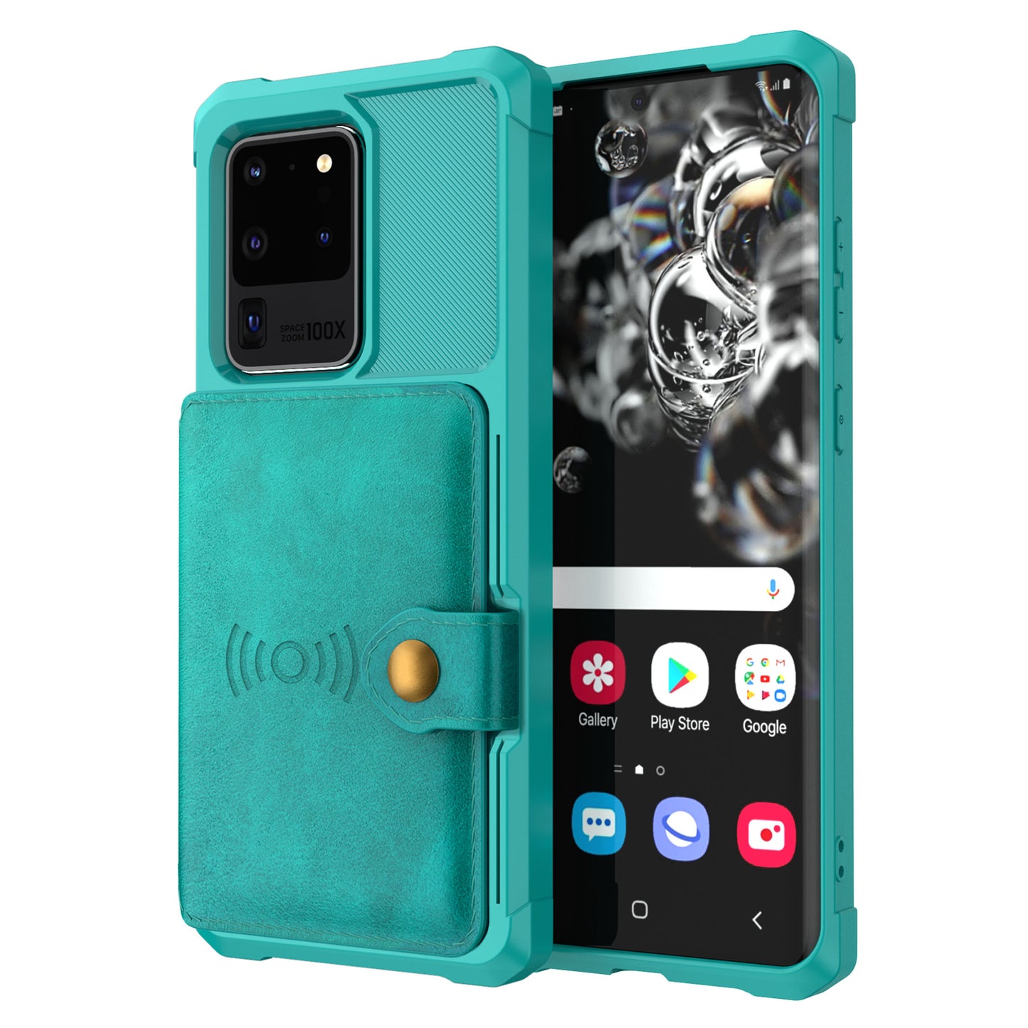 Leather Coated TPU with Wallet Kickstand Shell with Built-in Magnetic Sheet for Samsung Galaxy S20 Ultra - Cyan