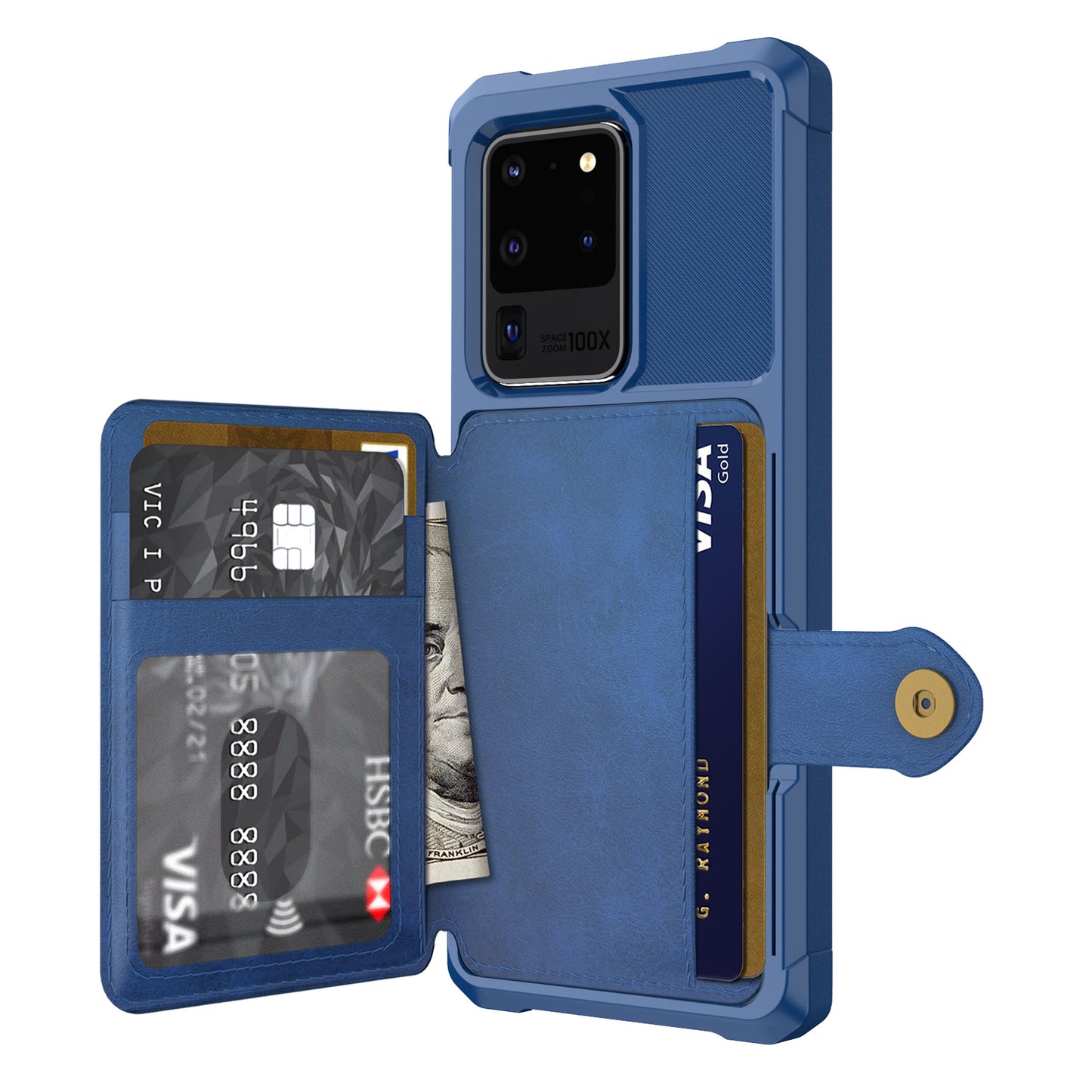 Leather Coated TPU with Wallet Kickstand Shell with Built-in Magnetic Sheet for Samsung Galaxy S20 Ultra - Blue