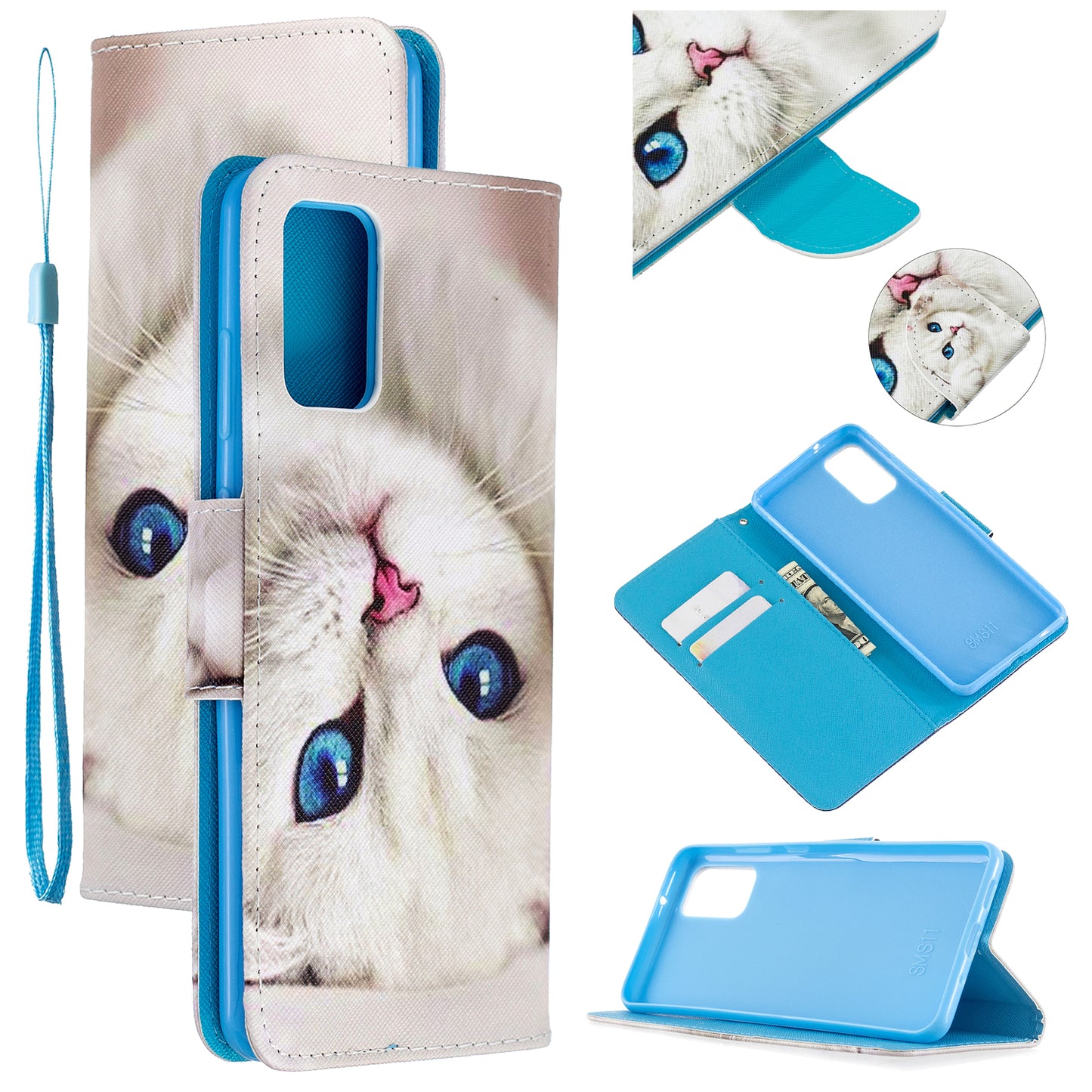 Cross Texture Pattern Printing Leather Wallet Phone Casing for Samsung Galaxy S20 Plus - White Cat