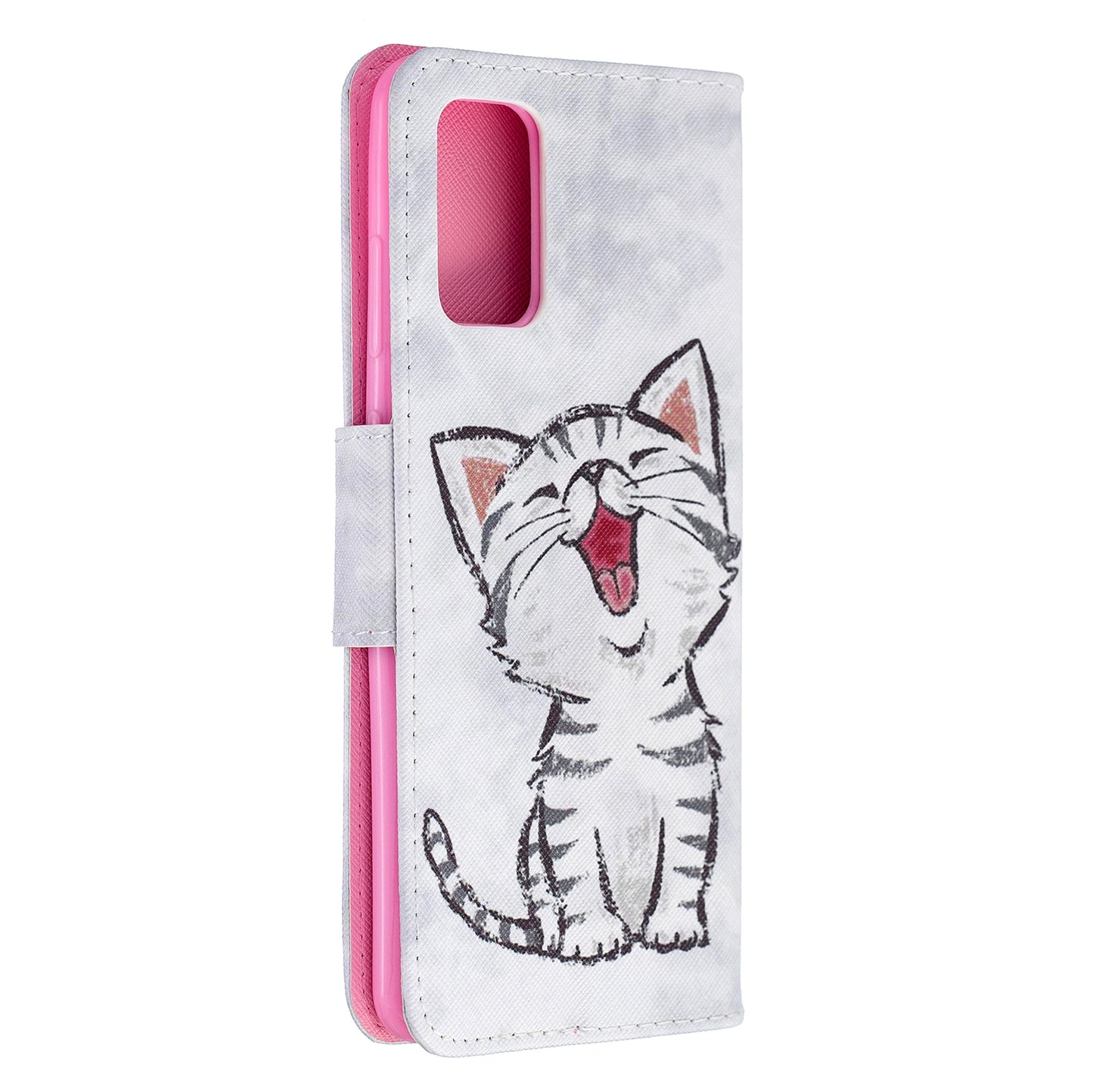 Cross Texture Pattern Printing Leather Wallet Phone Casing for Samsung Galaxy S20 Plus - Cute Cat