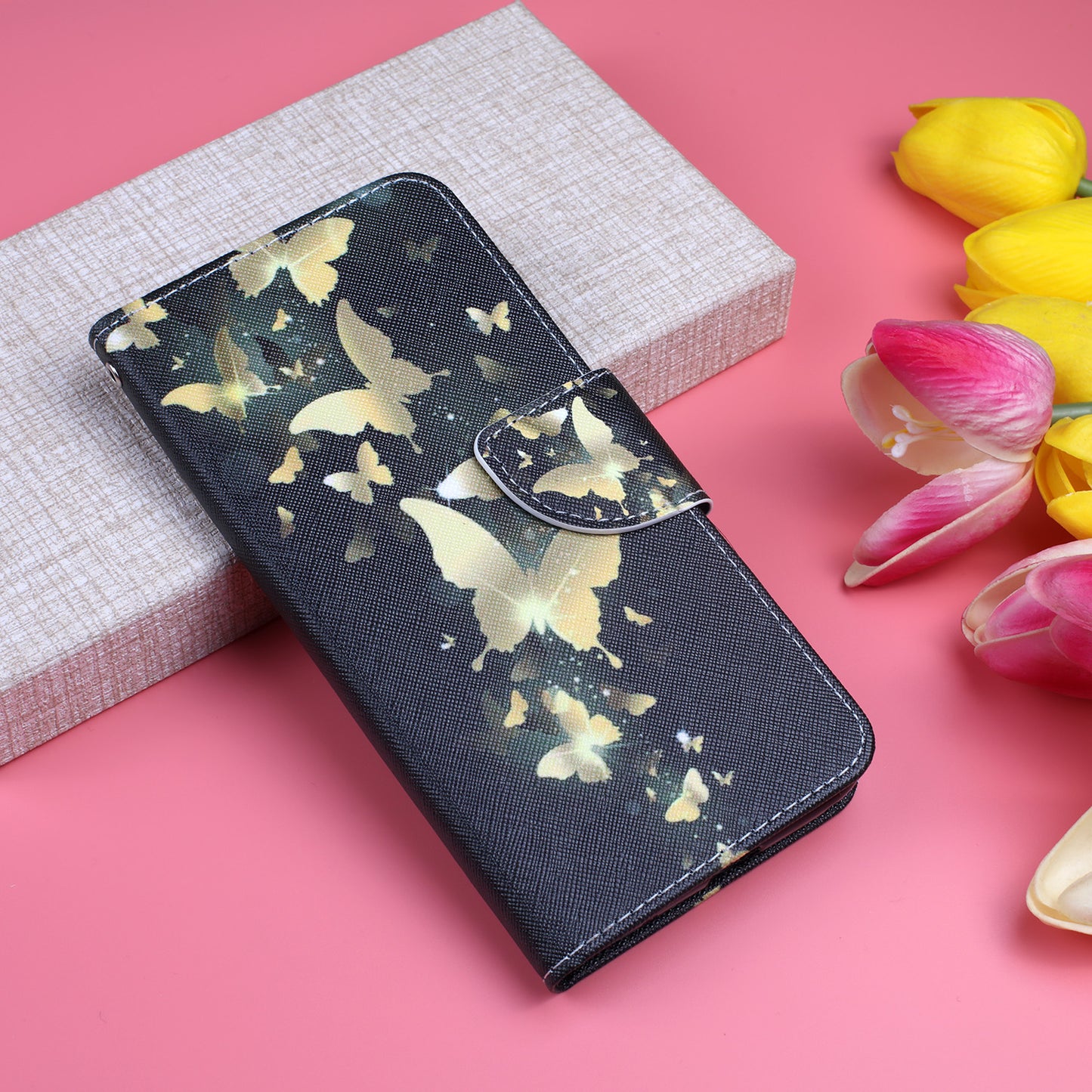 Cross Texture Pattern Printing Leather Wallet Phone Casing for Samsung Galaxy S20 Plus - Gold Butterflies