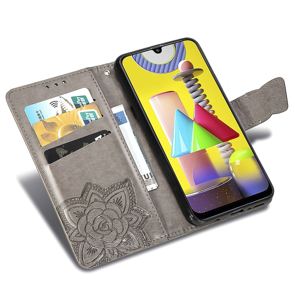 Imprint Butterfly Flower Wallet Leather Stand Case for Samsung Galaxy M31 - Grey