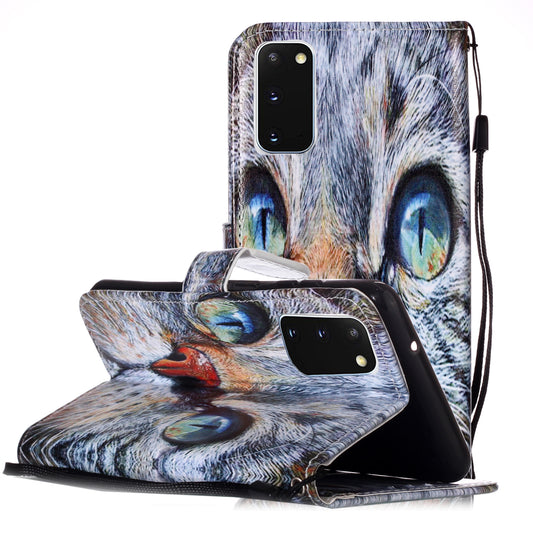 New Pattern Printing Leather Wallet Stand Phone Case for Samsung Galaxy S20 4G/S20 5G - Blue Cat Eyes