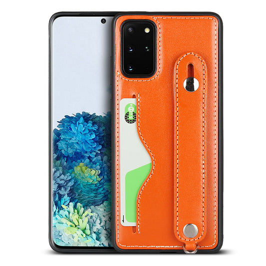 Handy Strap Kickstand Card Holder Genuine Leather Coated TPU Phone Cover with Lanyard for Samsung Galaxy S20 Plus / S20 Plus 5G - Orange